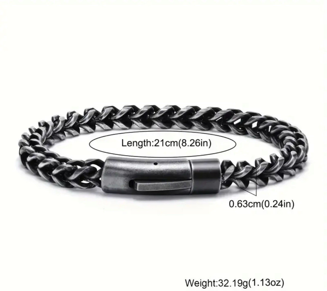 Men’s black and silver stainless steel curb chain bracelet, Viking style, 21 cm.