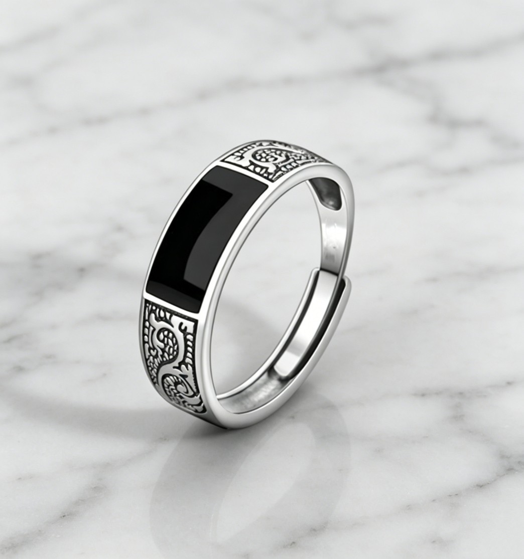 Men’s Vintage Dragon Engraved Black Enamel Adjustable Silver Tone Open Ring