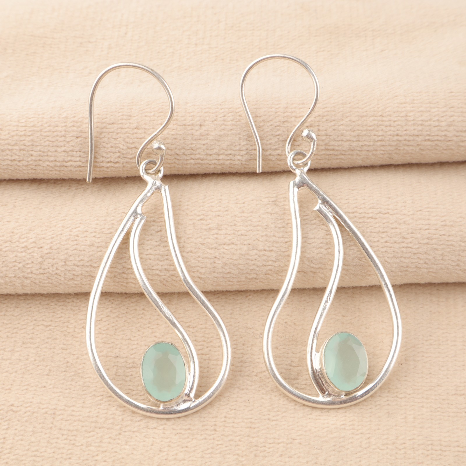 Natural Aqua Chalcedony Gemstone Earrings 925 Silver Handmade Jewelry 1.94″ Gift
