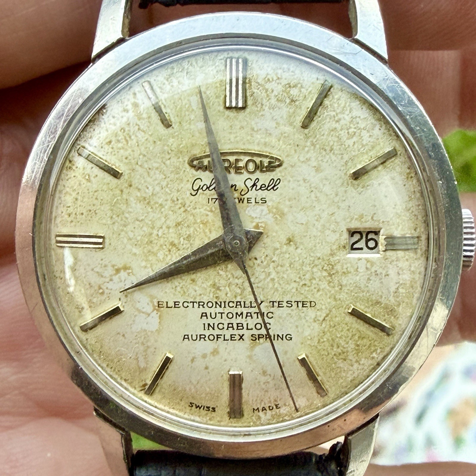 Vintage Aureole Golden Shell Manual Wind Patina Dial Men’s 35mm Watch RUNS!