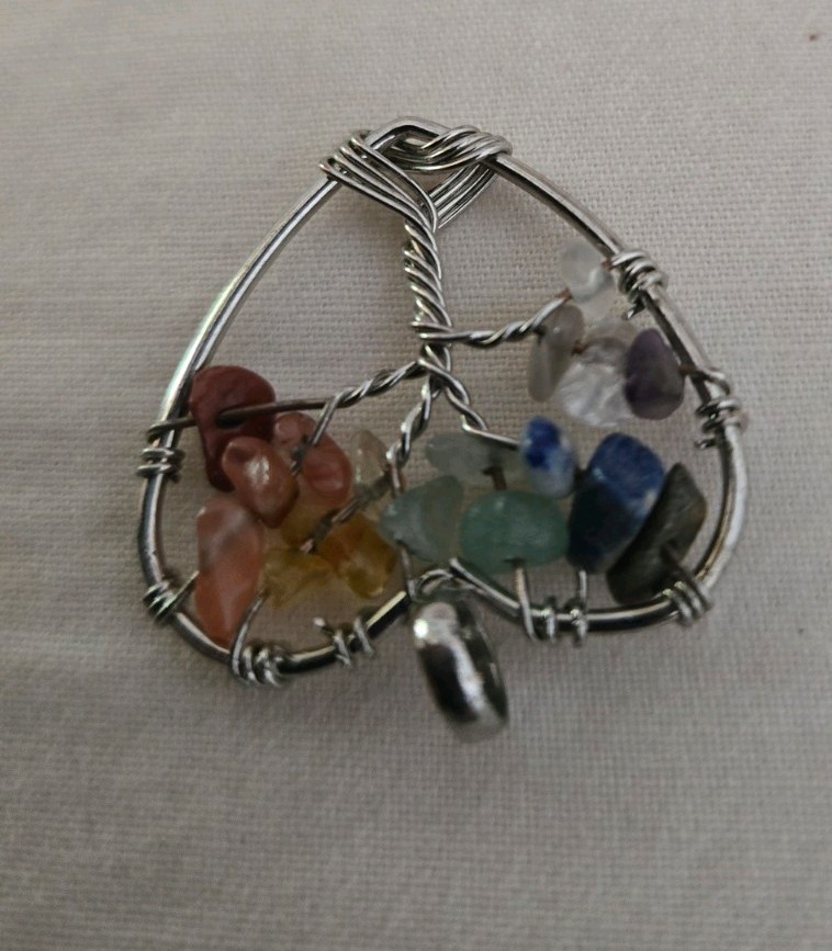 Vintage Artisan Silver Wire Wrapped Heart Gemstone Chakra Tree Of Life Pendant