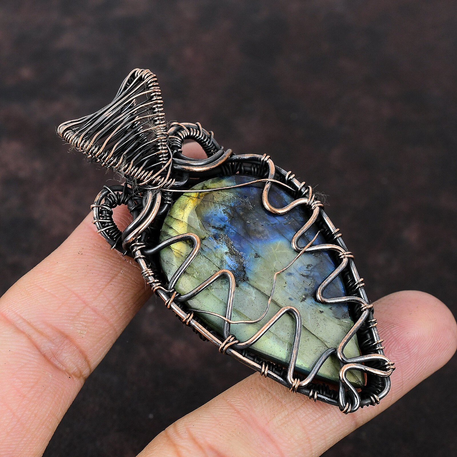 Labradorite Wire Wrapped Pendant Handcrafted Copper Ethnic Gift Jewelry 2.95″