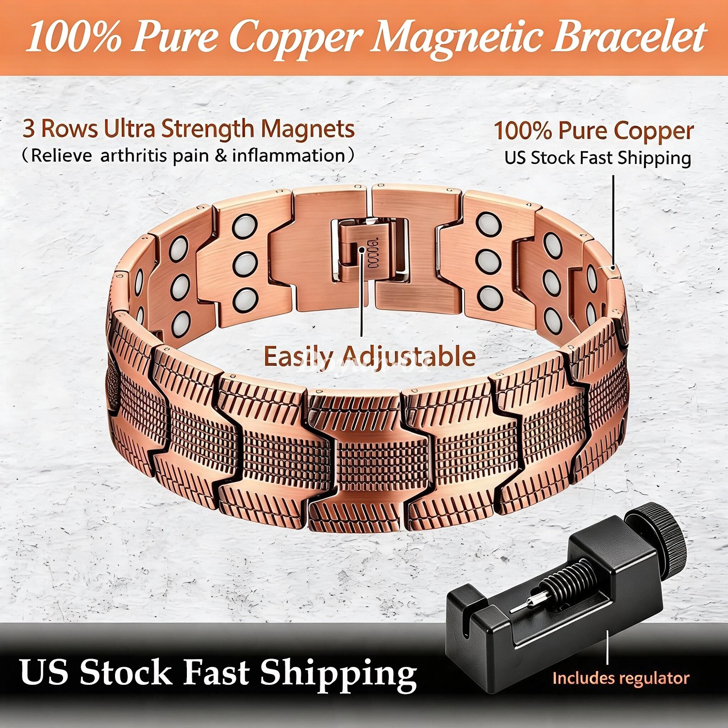 100% Pure Copper Magnetic Bracelet for Men Magnets Adjustable with Sizing Tool