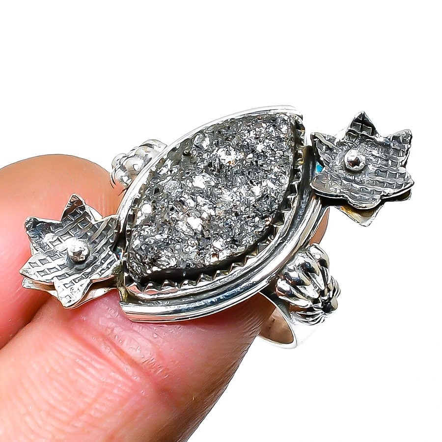 Pyrite Druzy Gemstone Handmade 925 Sterling Silver Jewelry Ring Size 6.5