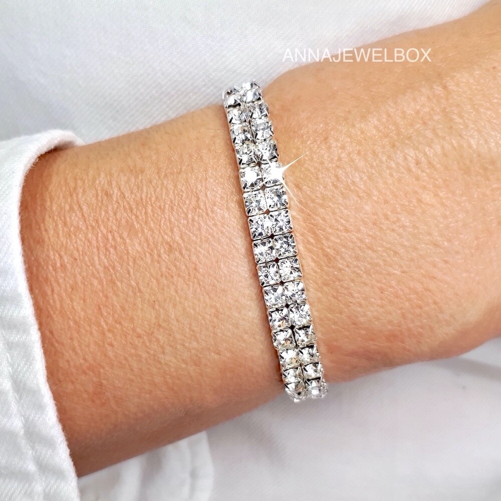 Women Sparkle Silver Crystal Elasticated Stretchy Bracelet 1 2 Rows S M L Bling