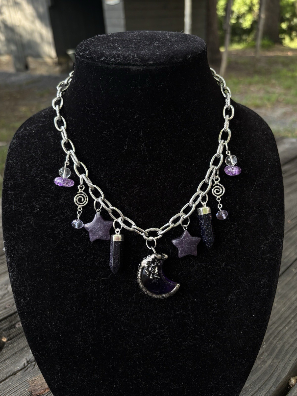 Handmade Purple Celestial Moon Crystal Necklace Galaxy Star Witchy Charm Jewelry