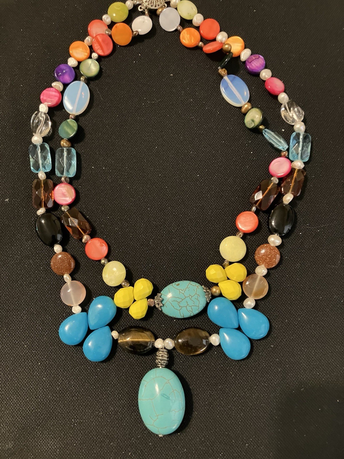 Lovely Faux Turquoise & Semi-Precious Colorful Gemstones Multi-Strand Necklace