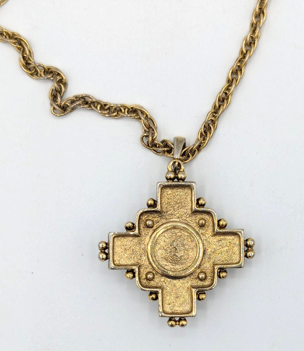Vintage Etruscan Revival Maltese Cross Pendant Necklace Blue Art Glass