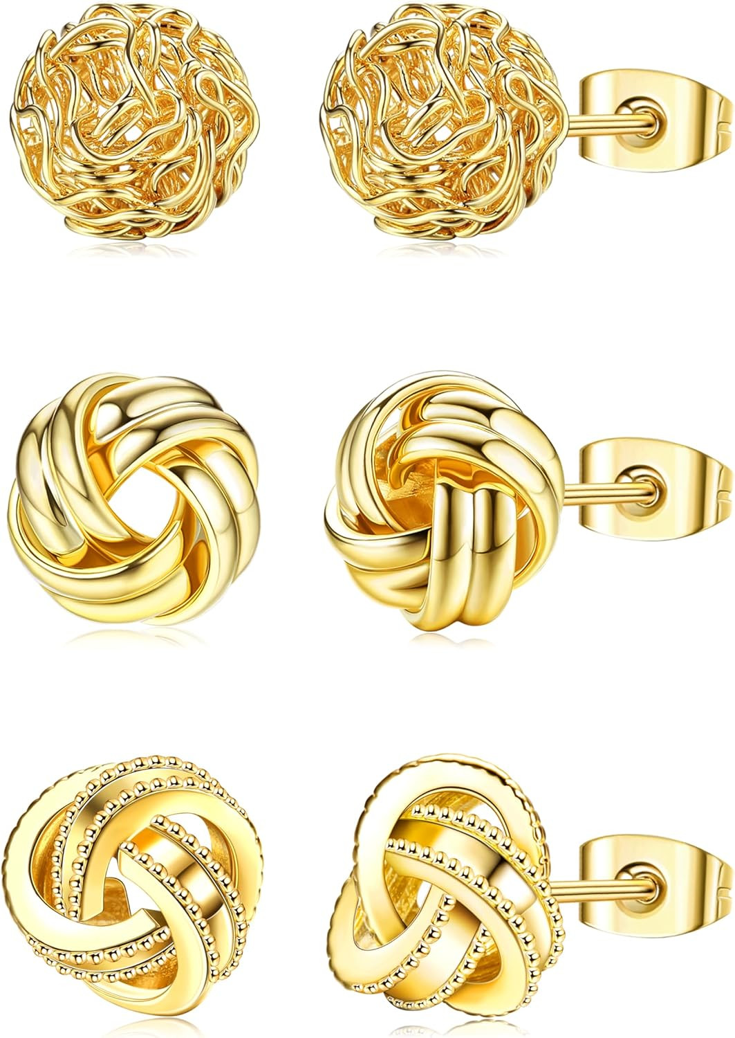 3 Pairs 14K Gold Plated Knot Earrings for Women Hypoallergenic Small Stud Earrin