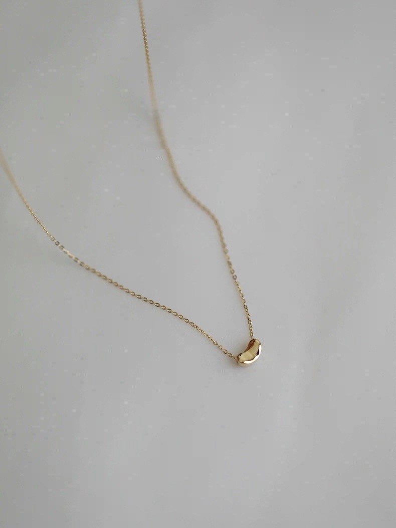 Solid 14K Yellow Gold Bean Pendant Necklace AU585 Stamp, 16.5” Adjustable