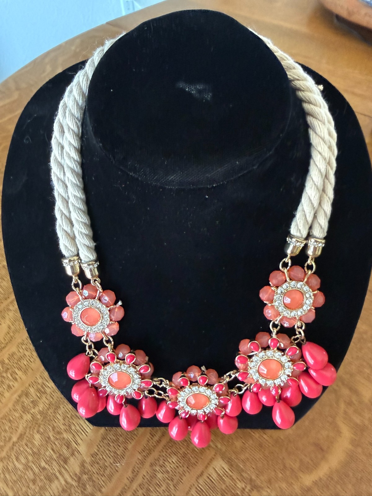 Floral Starbust Statement Dangle Bib Necklace Pink/Coral/Crystal Beads Rope Adj