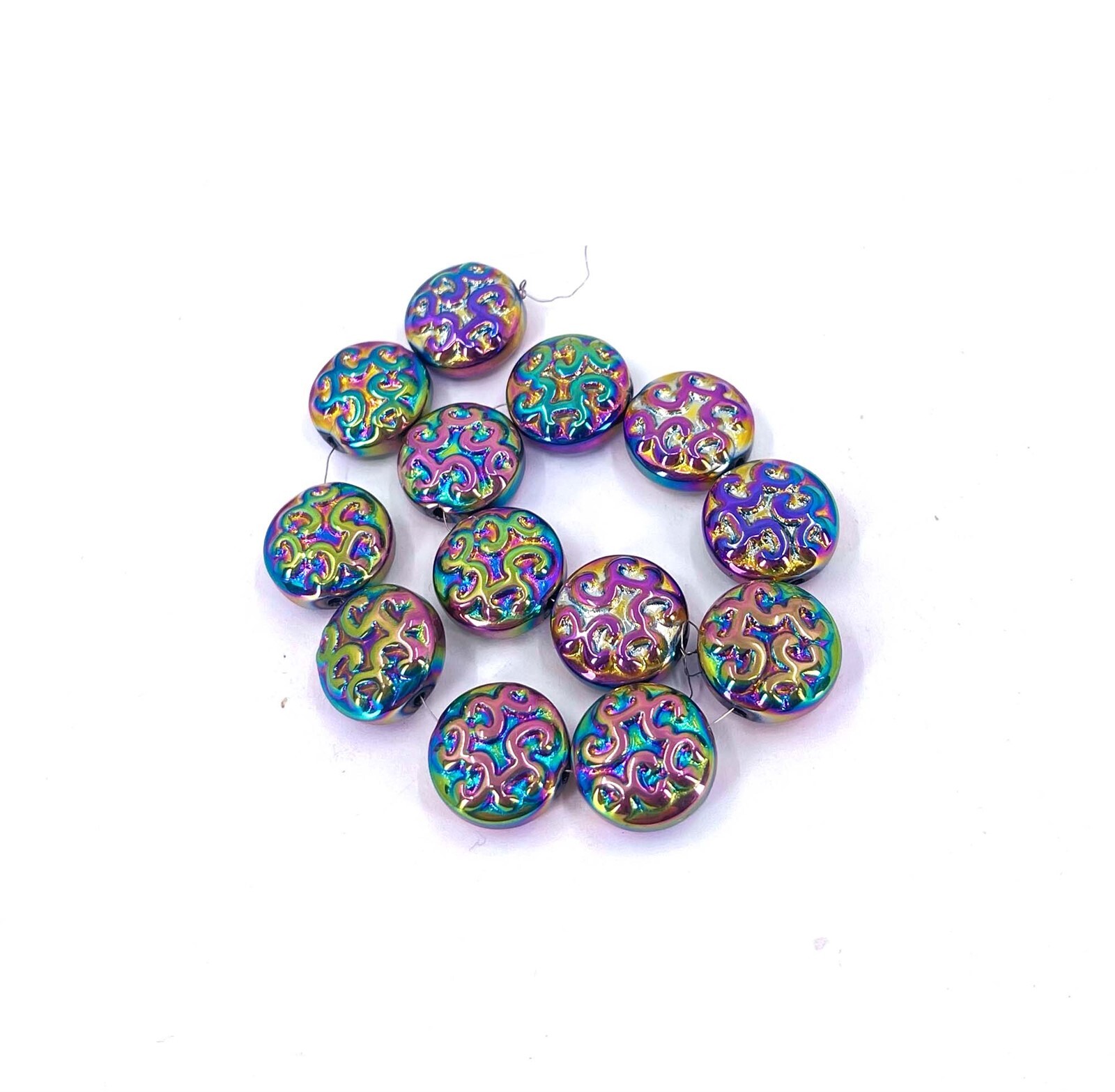 13mm Rainbow Peacock Glass AB Plated Carved pattern Disc Beads Metallic (13pc)