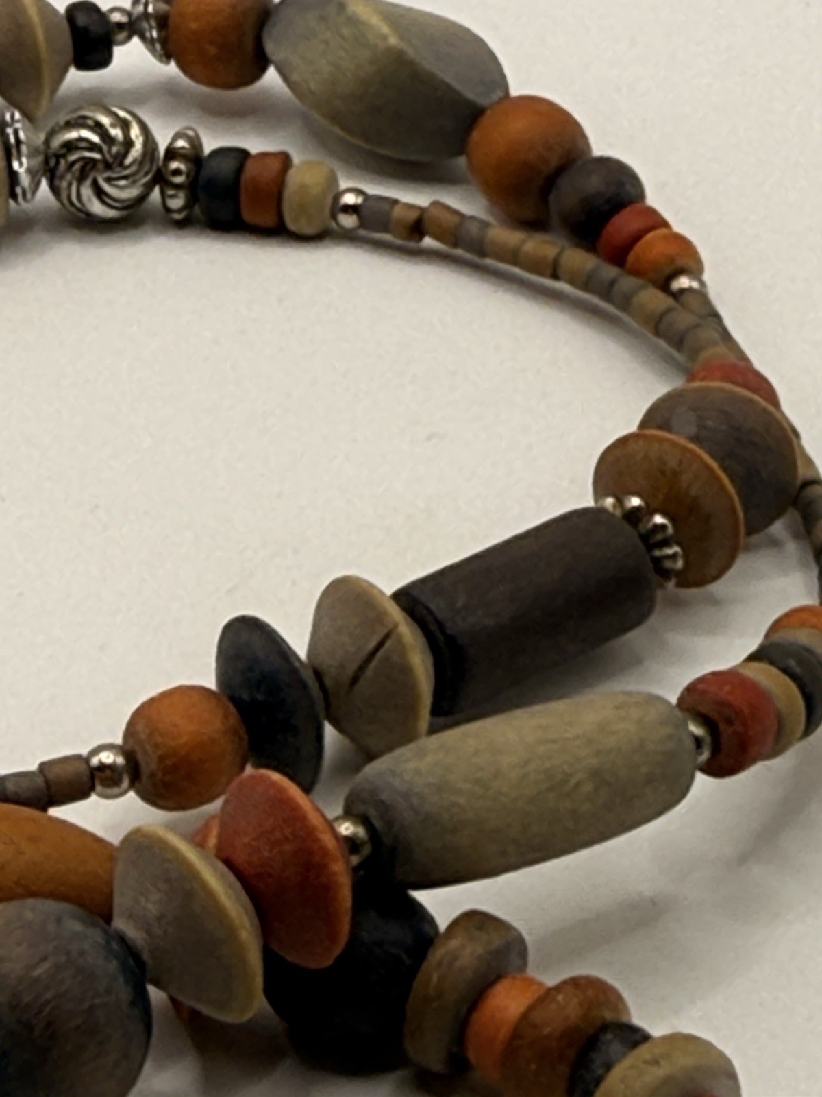 Artisan Long Wood Bead Necklace Earth Tone Boho Tribal Continuous Strand 37”