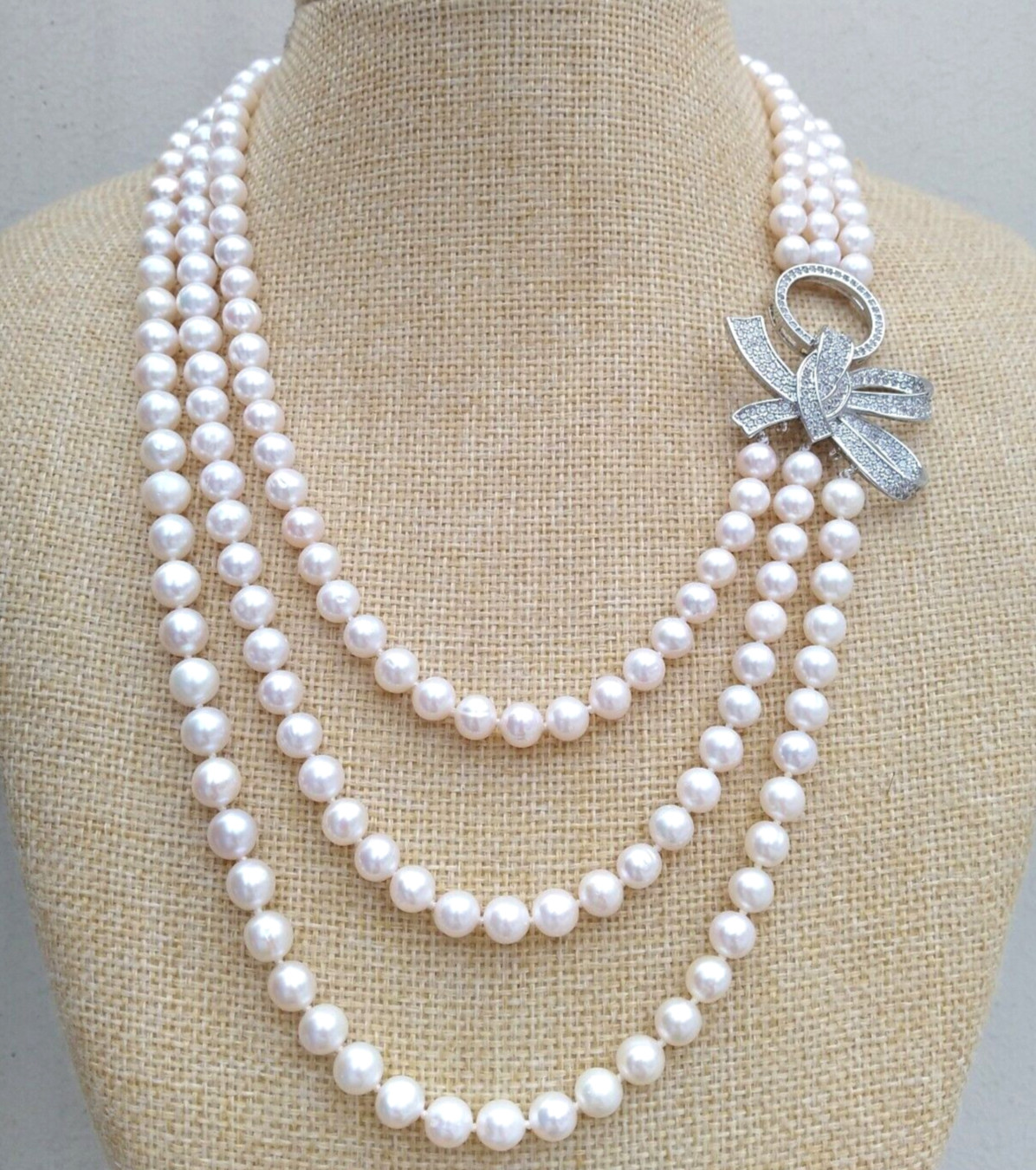 3Rows New Design Natural 6-7mm Akoya White Round Pearl Necklace 16-18-20in S900
