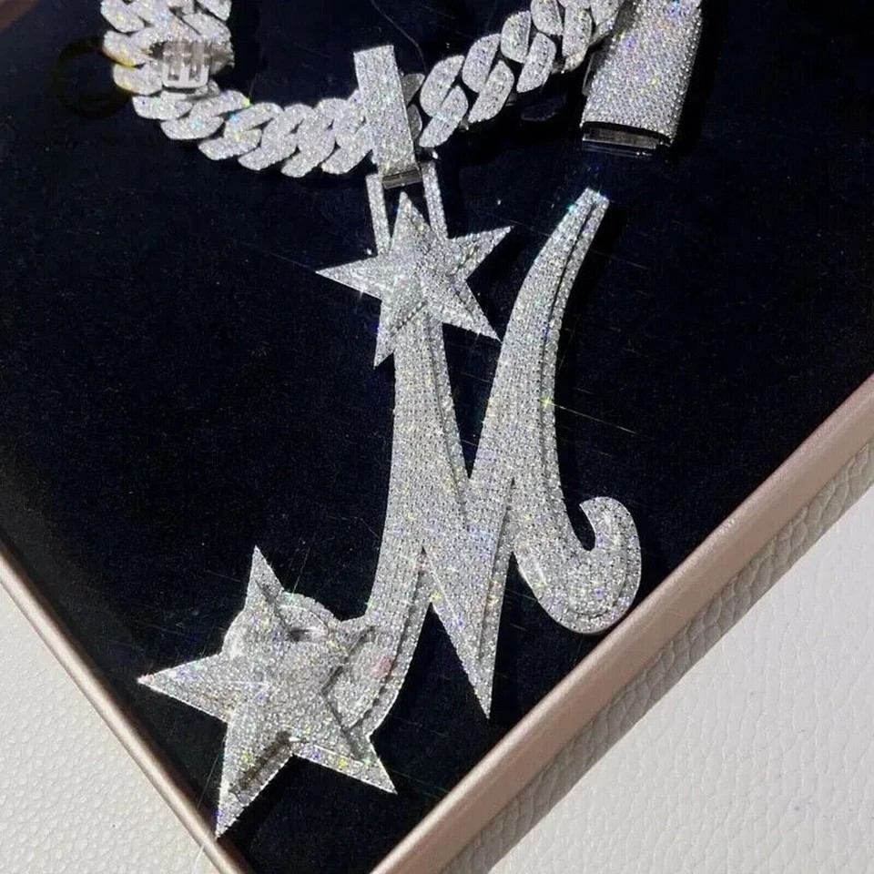 4 Ct Natural Moissanite Custom Letter M Star Men’s Pendant 925 Sterling Silver
