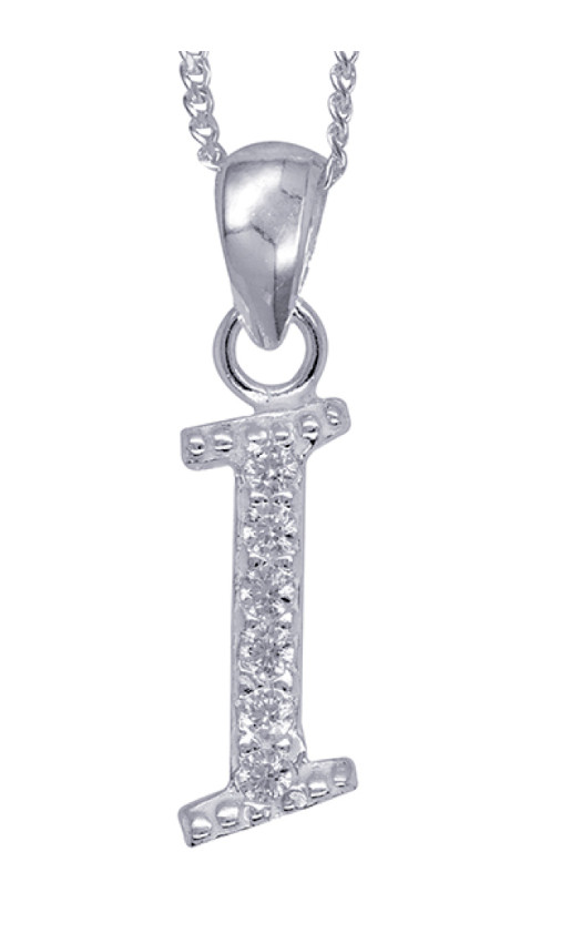 Sterling Silver CZ Initial I Pendant with 45cm + 5cm Extender Chain -Free post