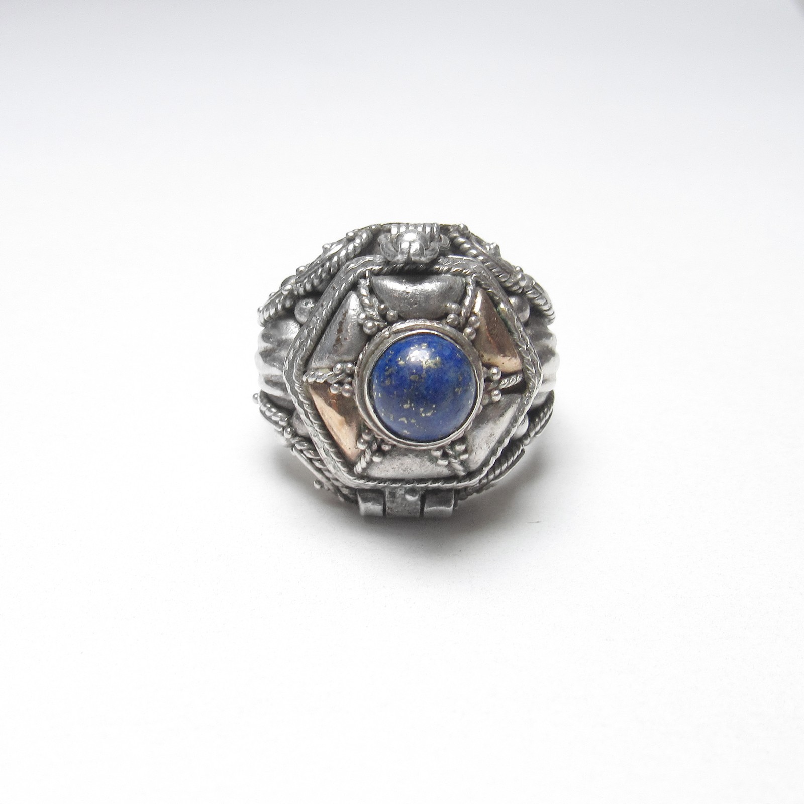 Sterling Silver And 10K Yellow Gold 0.75 Ct Natural Royal Blue Lapis Poison Ring