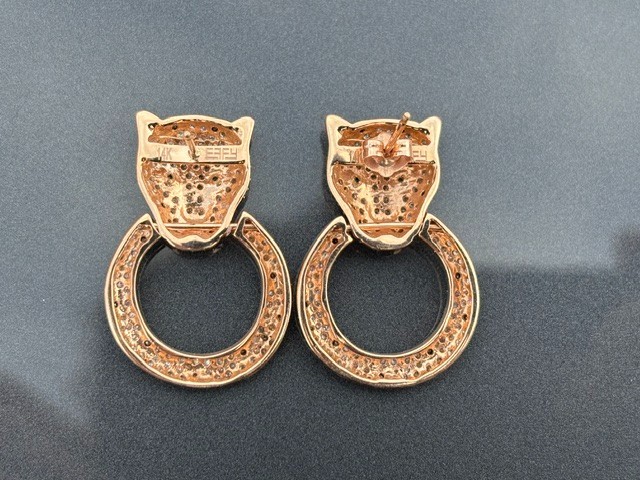 EFFY 14k Rose Gold Panther Black White Diamond Earrings Emerald Eyes