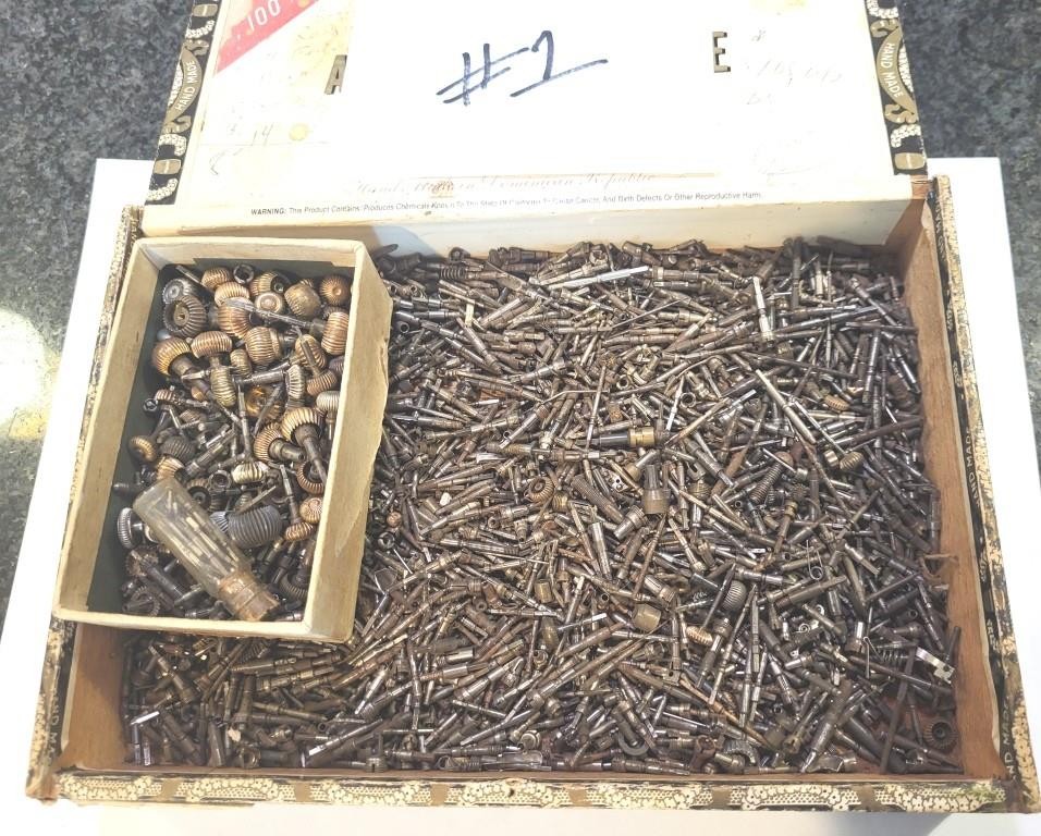 Cigar box of American Pocket watch stems, crowns, sleeves 1,000’s of pieces #1