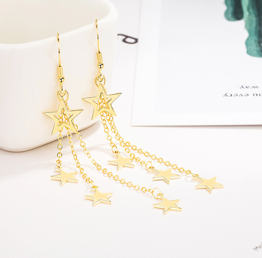 Women 925 Silver Plated Hanging Tassel Chain Stars Dangle Drop Stud Earrings C17