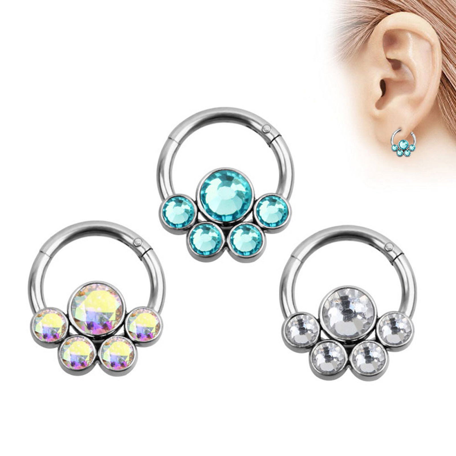 16G Septum Clicker Stainless Steel Hinged Nose Rings Hoop CZ Opal Body Piercing