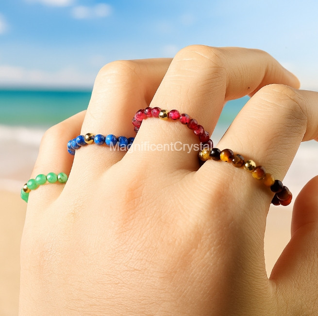 Gemstone Beaded Rings Stackable Natural Crystal Ring Dainty Handmade Jewelry