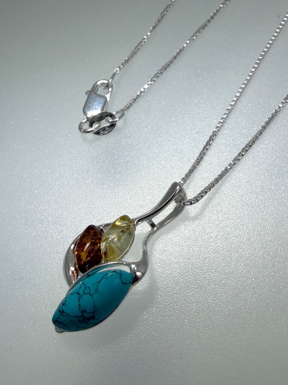 Multicolor Baltic Amber & Turquoise Pendant on Silver Chain