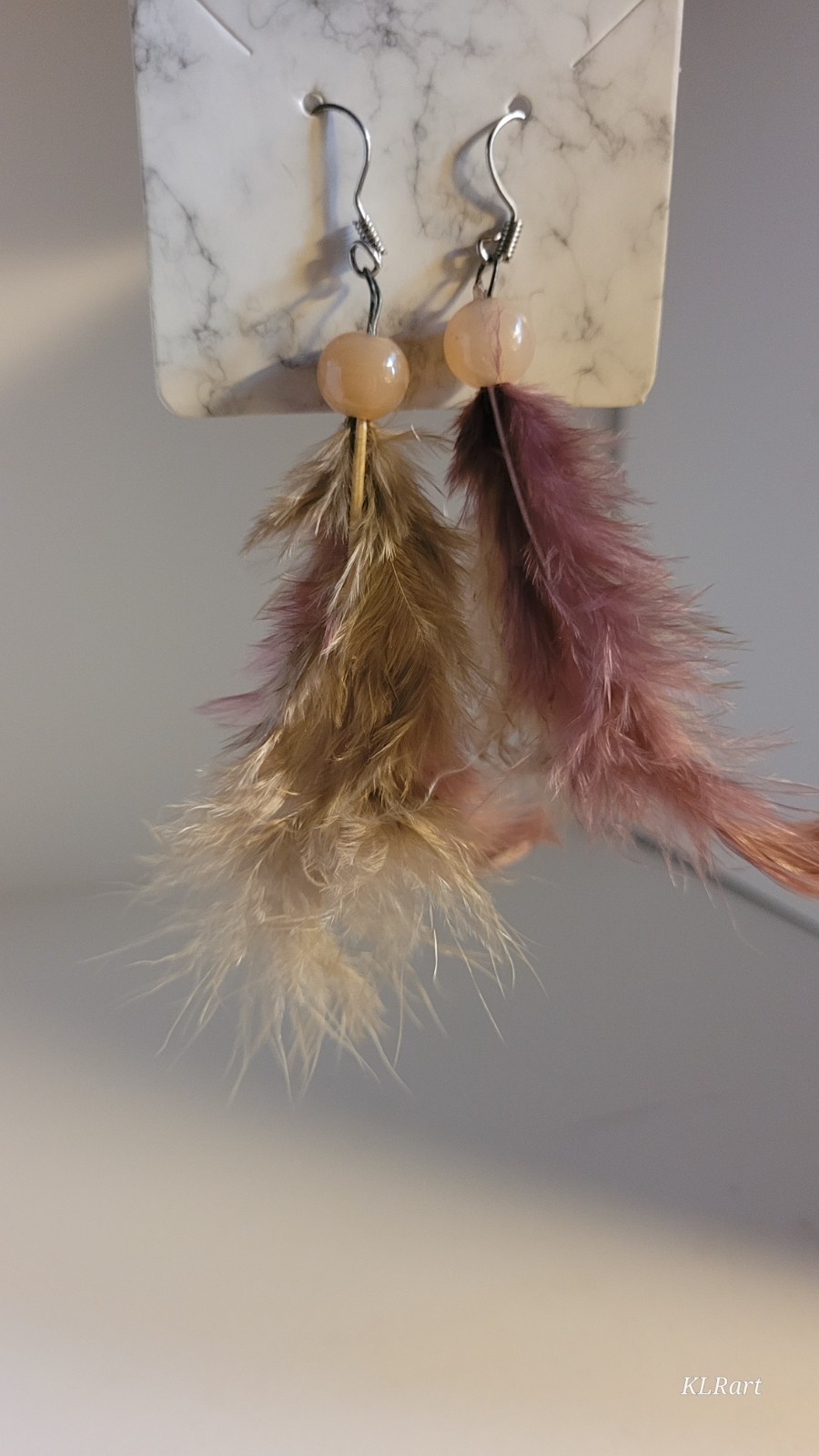 Dusty rose feather Earrings with rose Beads, Vintage Style