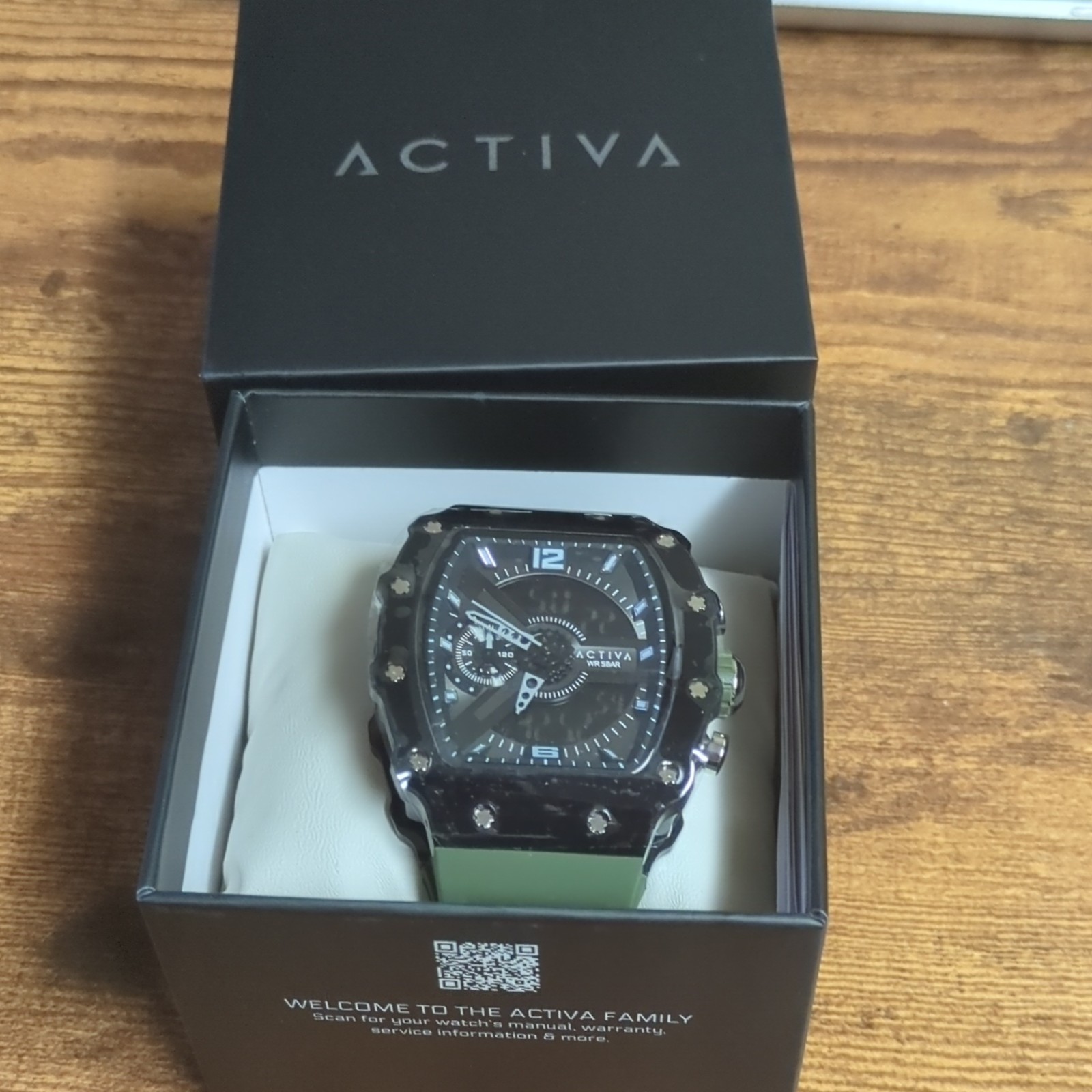 Activa Men’s Analog-Digital Quartz Watch 50m WR Black Dial Green Strap w/Box