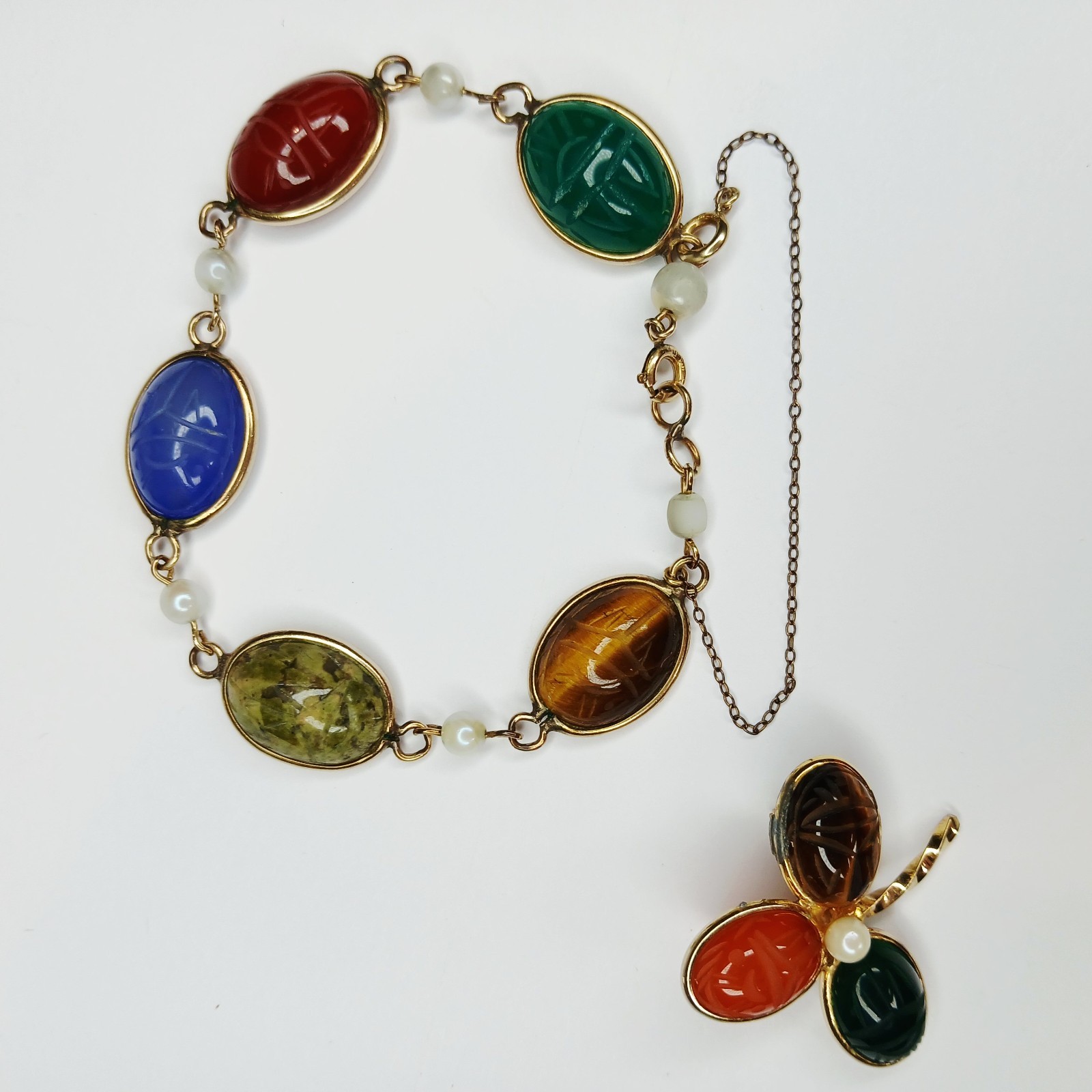 Vintage ~ Burt Cassell Egyptian Revival Gemstone Scarab Bracelet & Brooch Set 8″