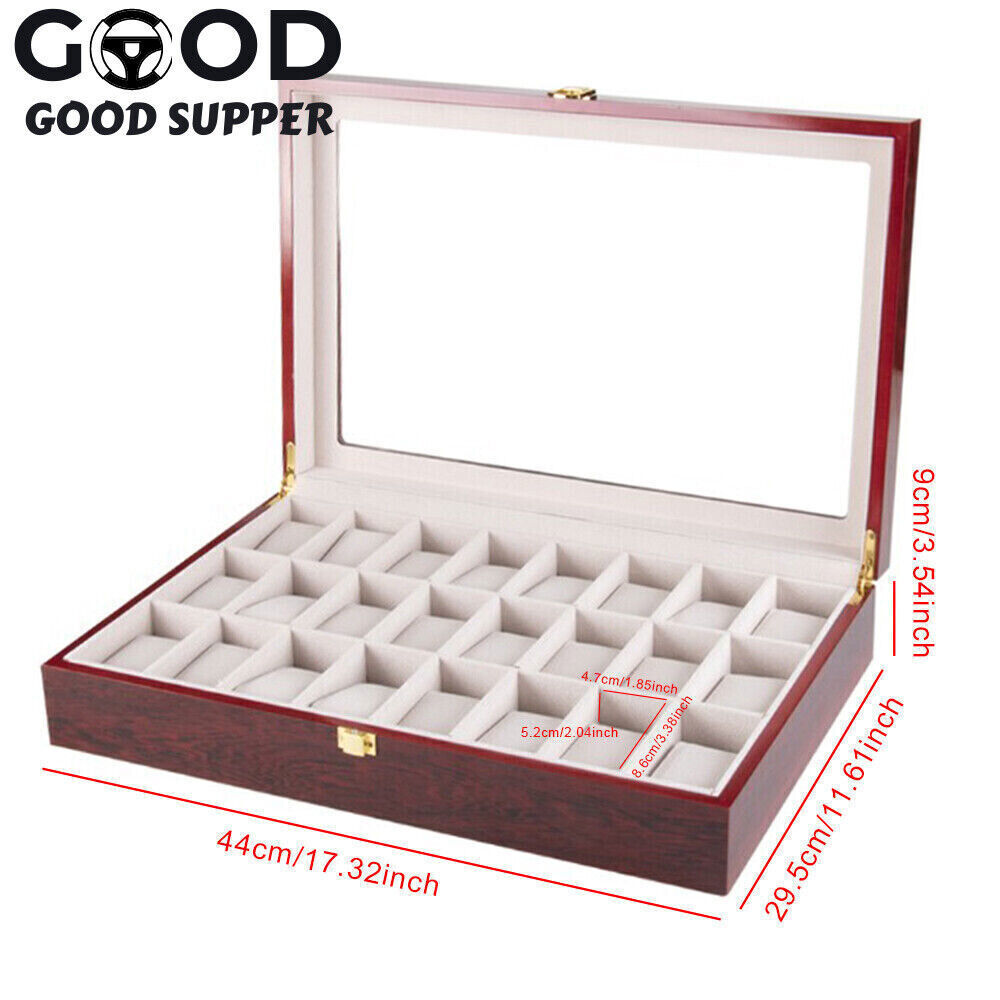 24 Slot Wood Box Watch Holder Storage Display Case Jewelry Large Storage Space