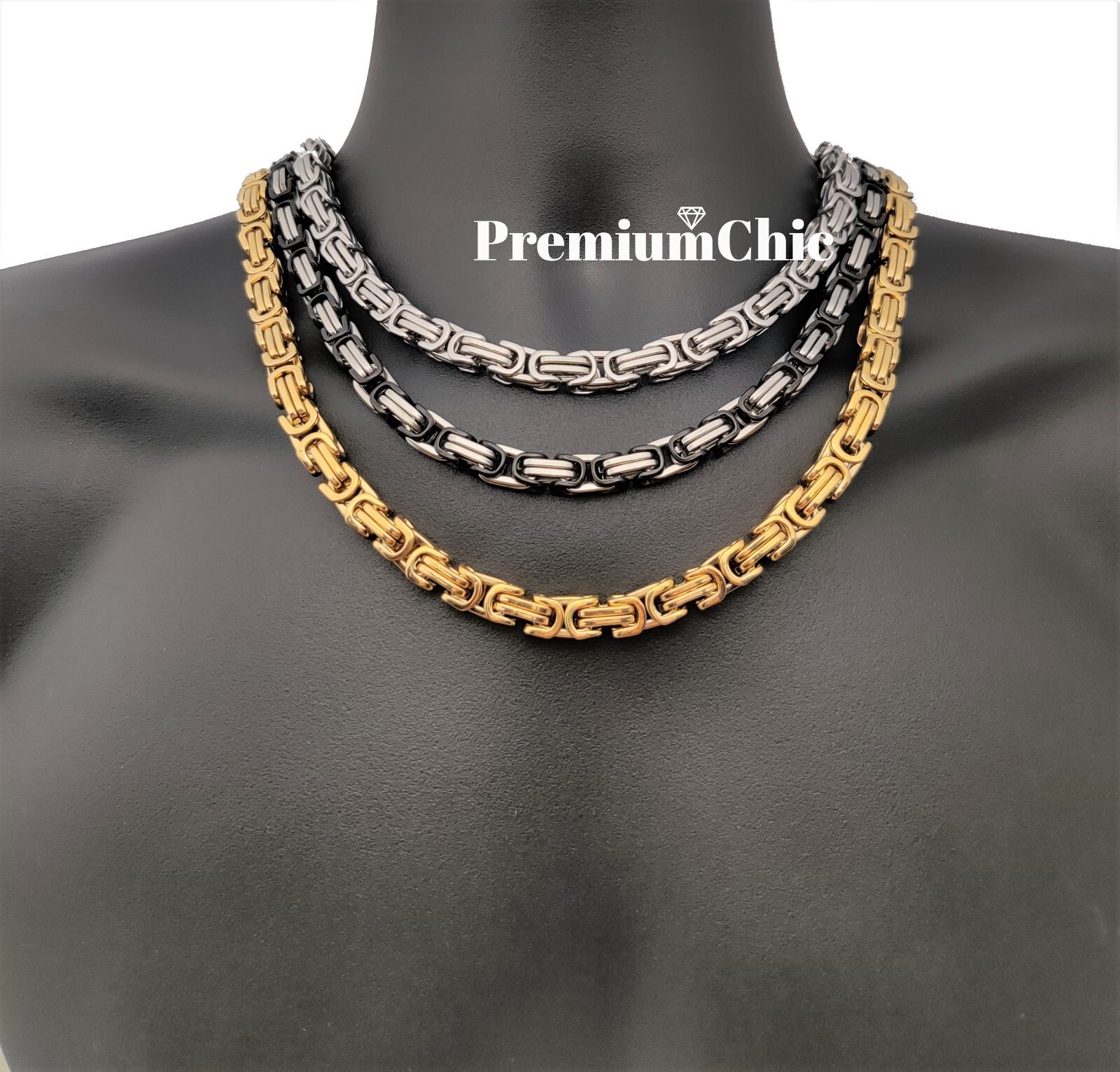 Mens Byzantine Box Necklace Solid Stainless Steel Chain Silver/Black/Gold Plated
