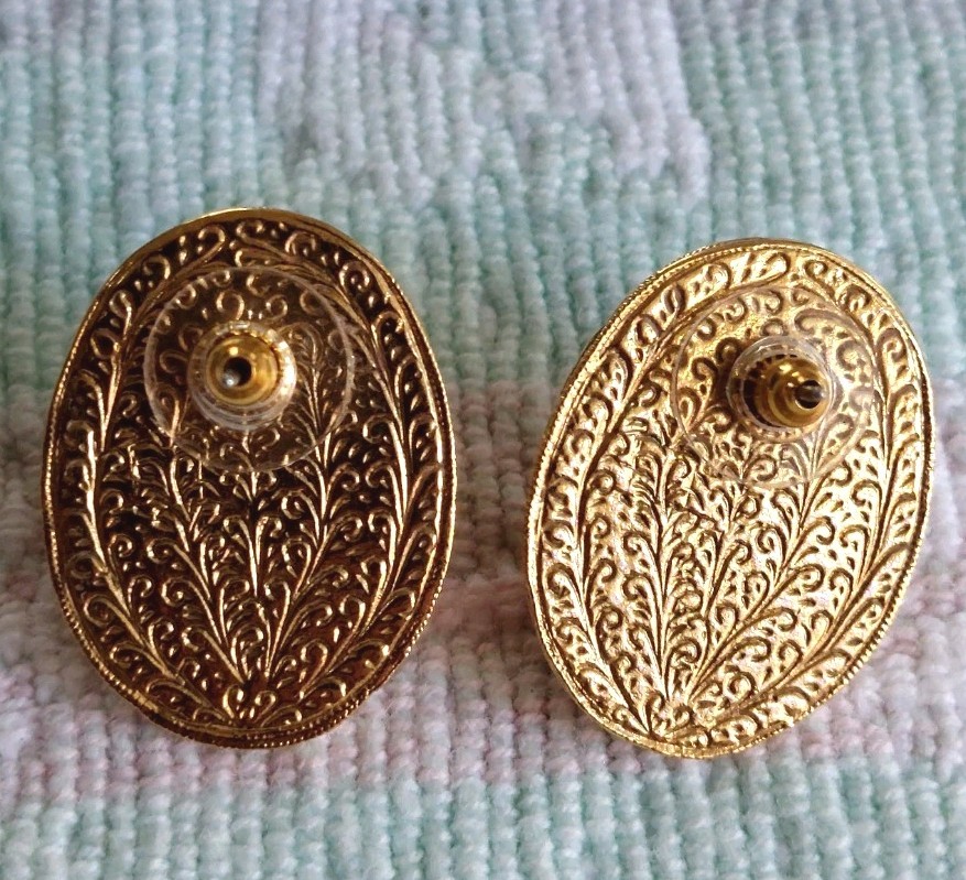 Goldtoned Oval Ornate Pierced Earrings With Ceramic Roses & Gold Swirl Enamel
