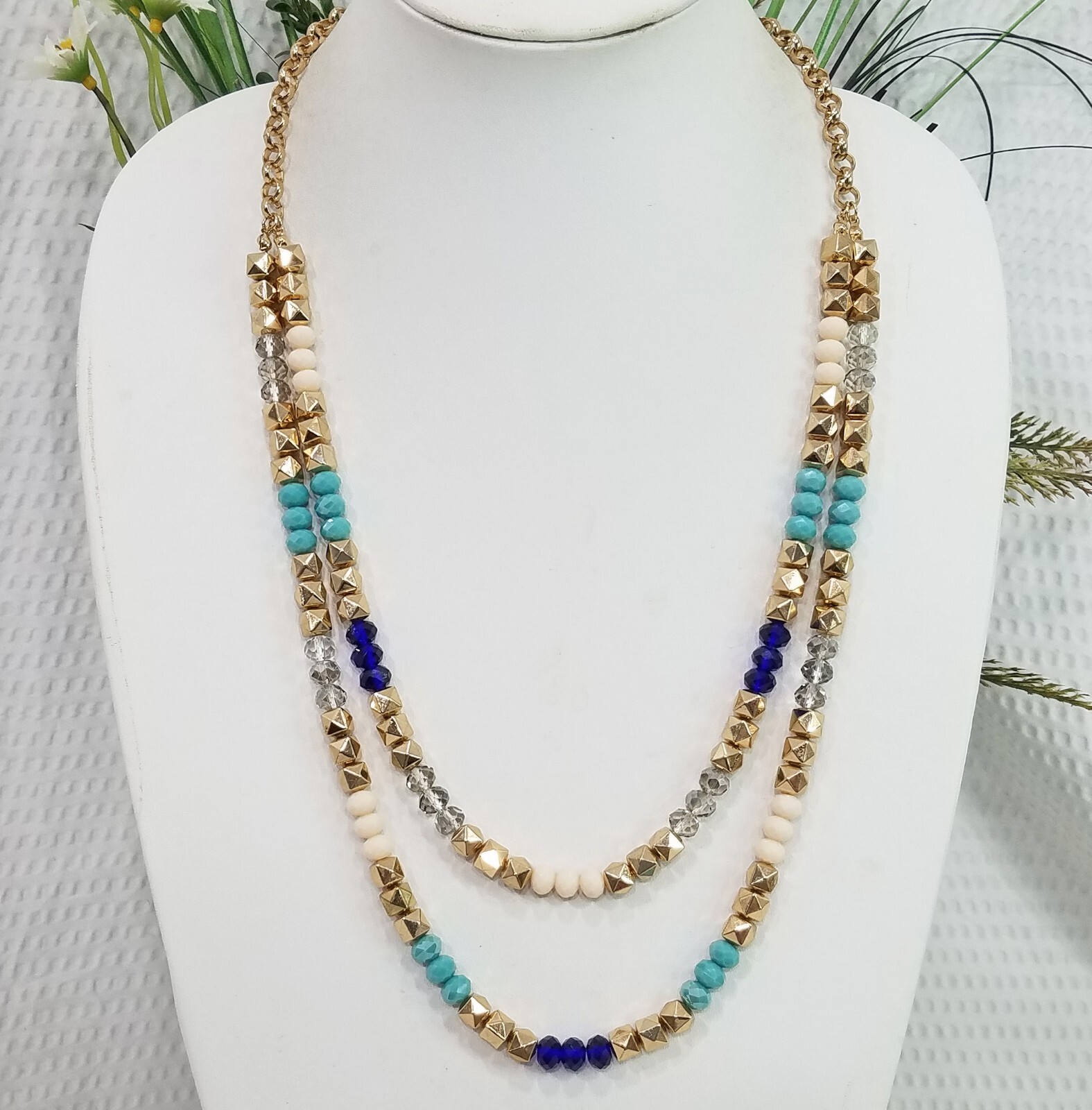 New! Aqua Blue Beige and Clear Crystal Gold Tone Bead Multi Strand 26″ Necklace