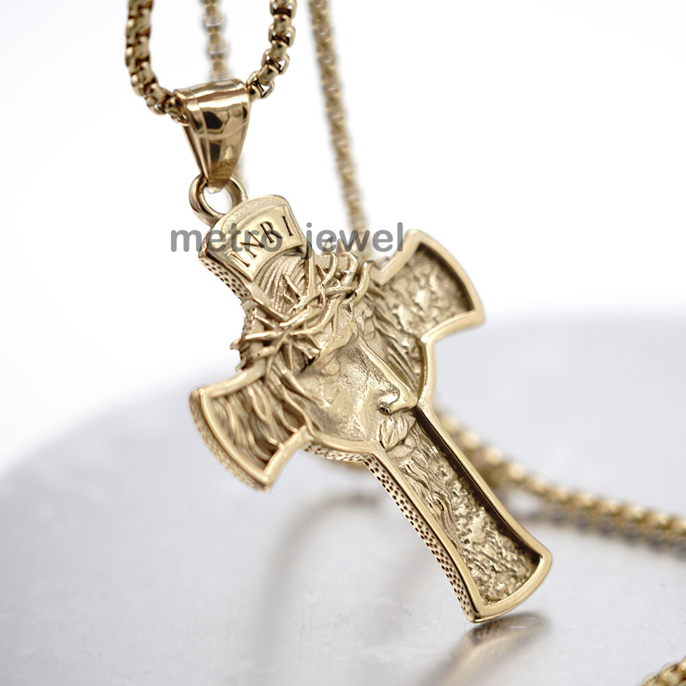 Mens Gold Jesus Face Crucifix Cross Pendant Necklace For Men Stainless Steel