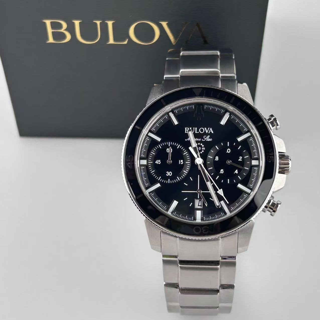 New Bulova Marine Star Black Dial Stainless Steel Men’s Quartz Watch 96B272 45mm