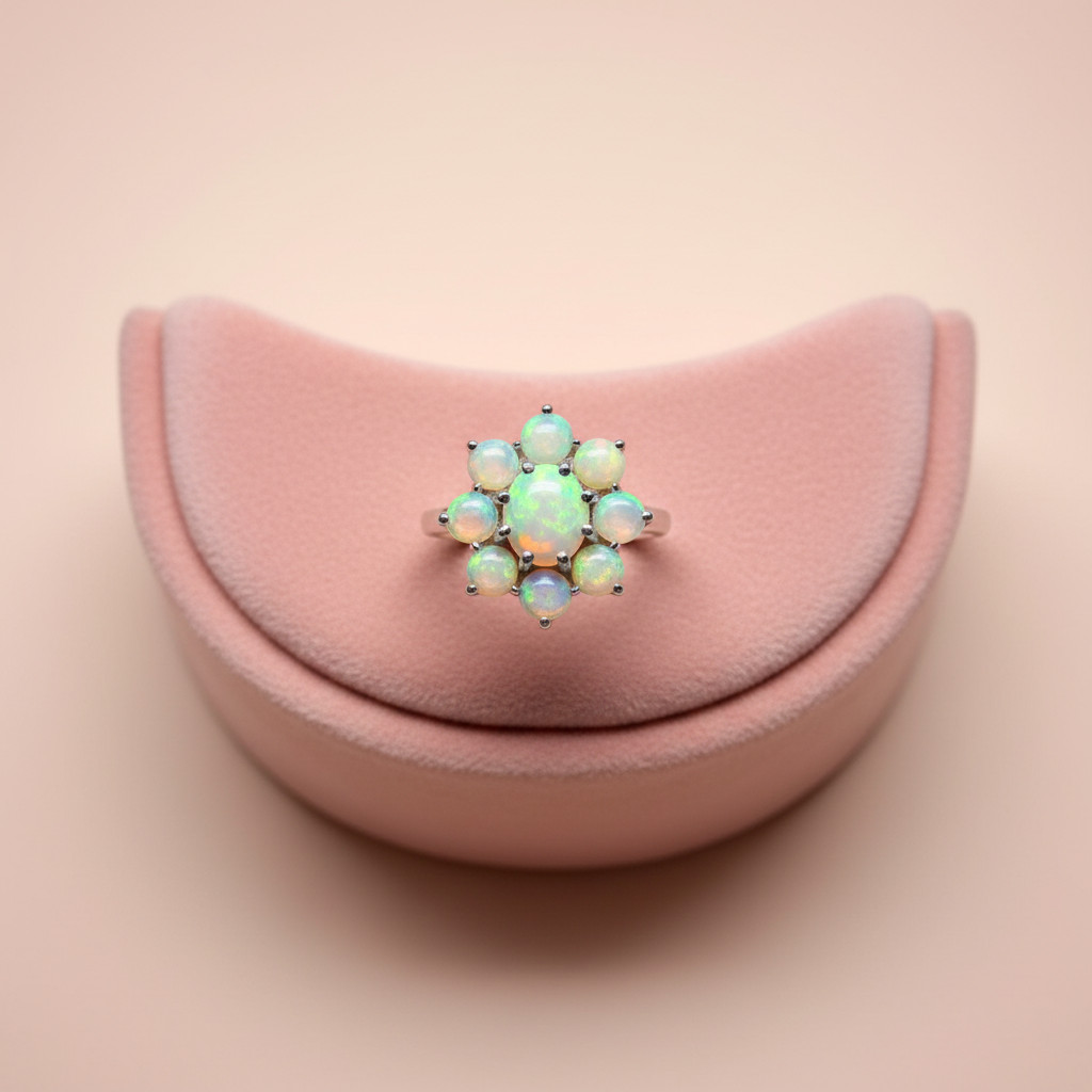 Ethiopian Opal Cluster Flower Ring 925 Sterling Silver Handmade Jewelry
