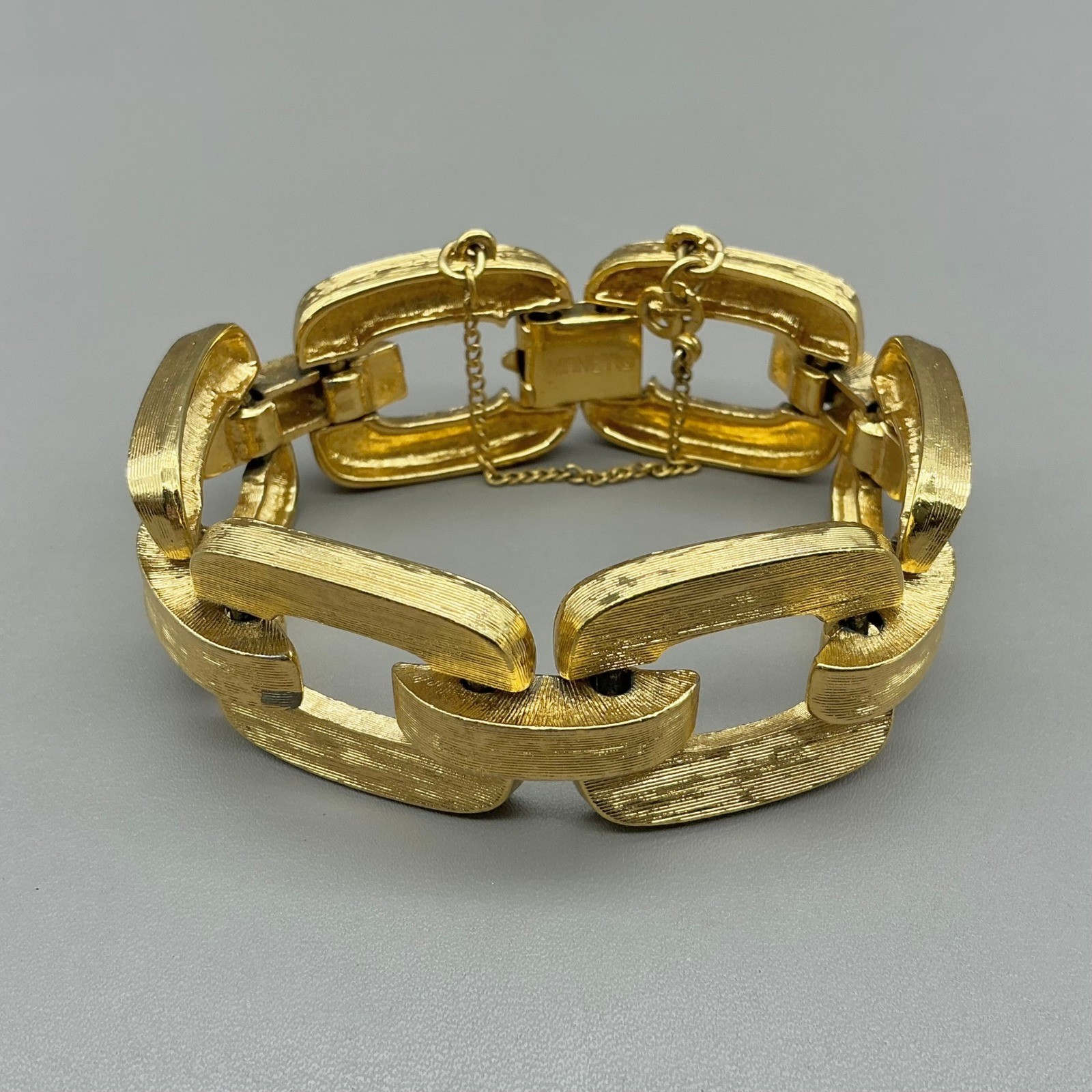 Monet Bracelet Vintage Gold Tone Brushed Wide Link Chain Safety Clasp 7.5 In