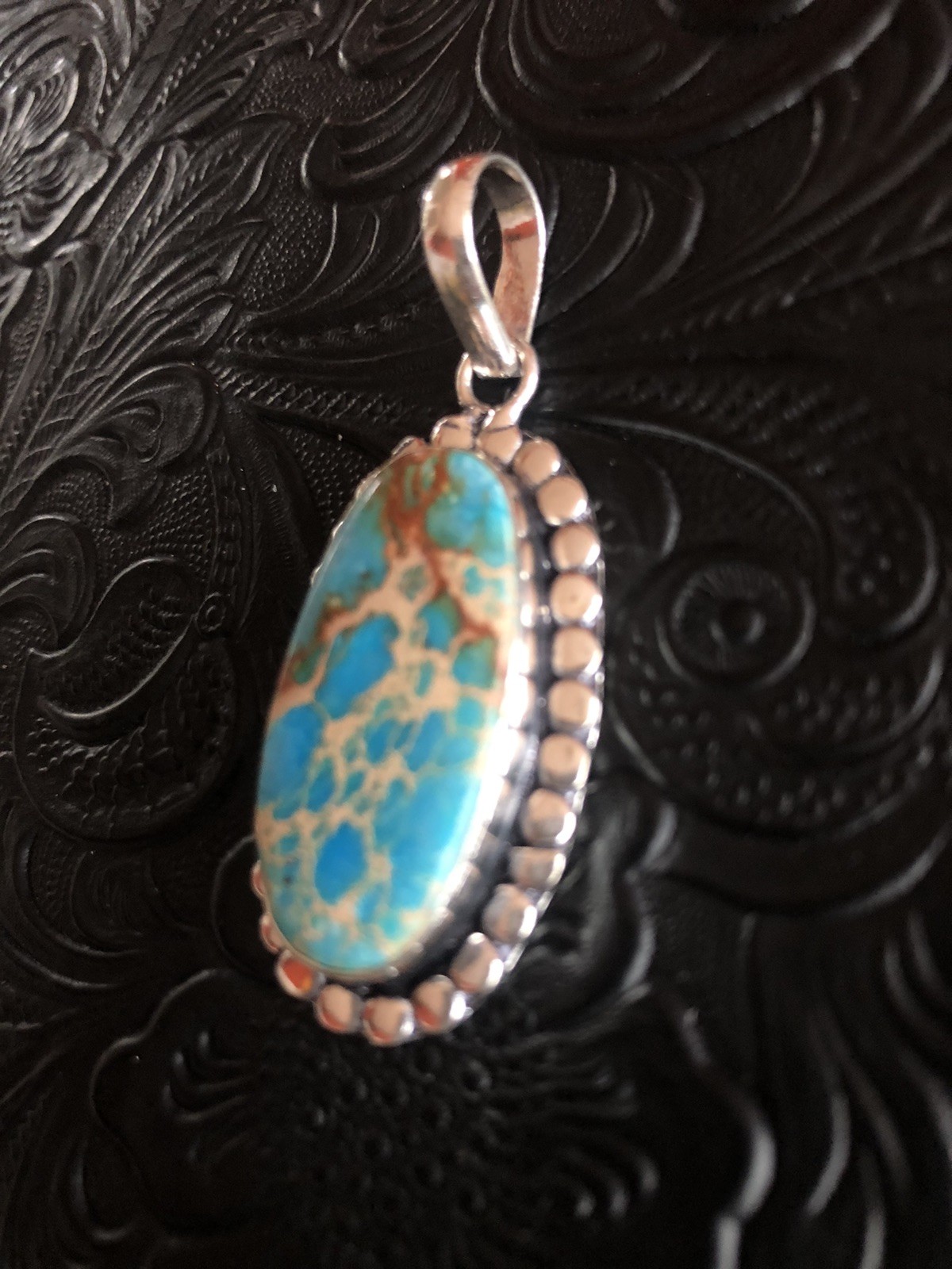 Blue with Brown Yellow Web Matrix Turquoise Pendant 2” Artisan