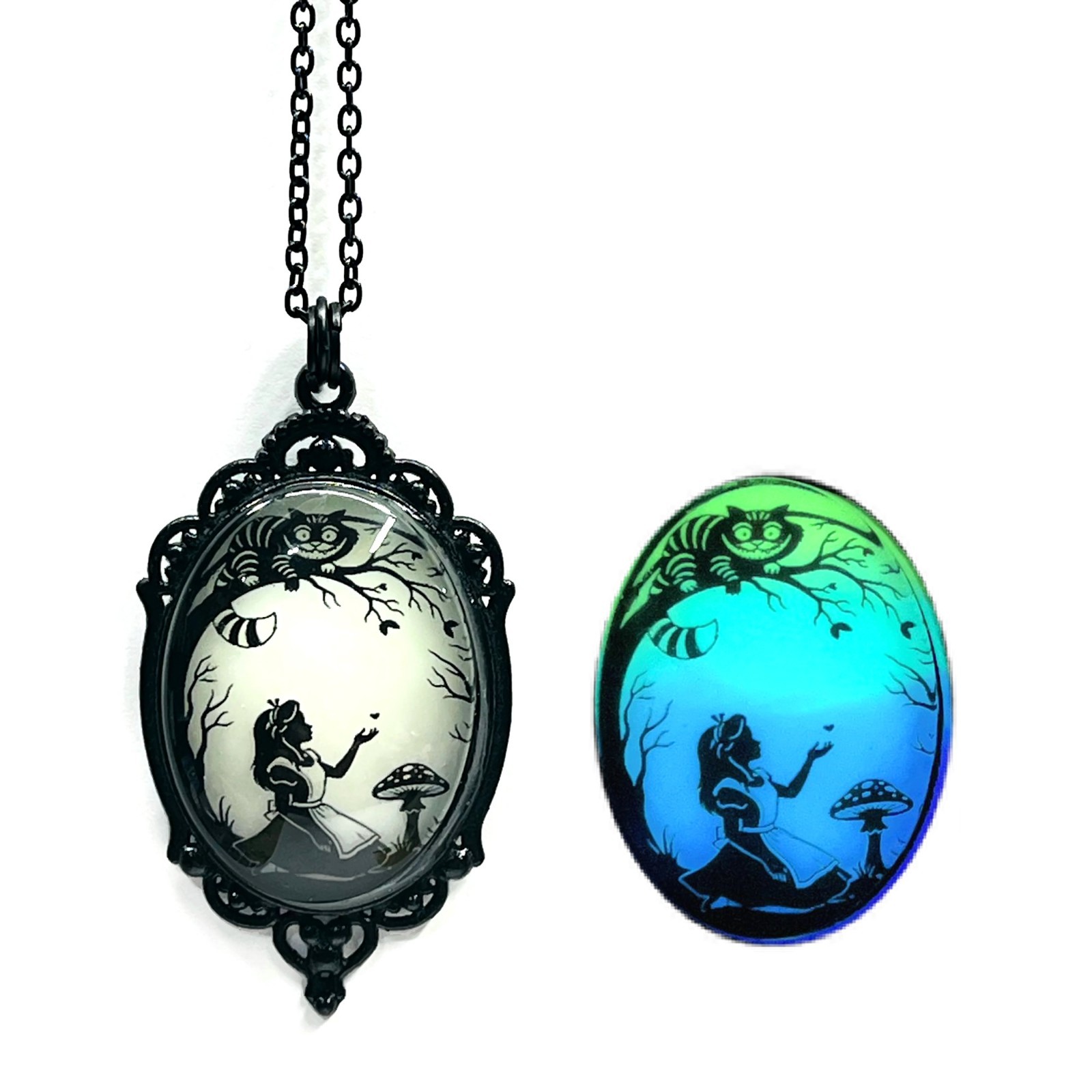 Alice in Wonderland Lime Aqua Blue & Purple/Violet Glow in the Dark Necklace
