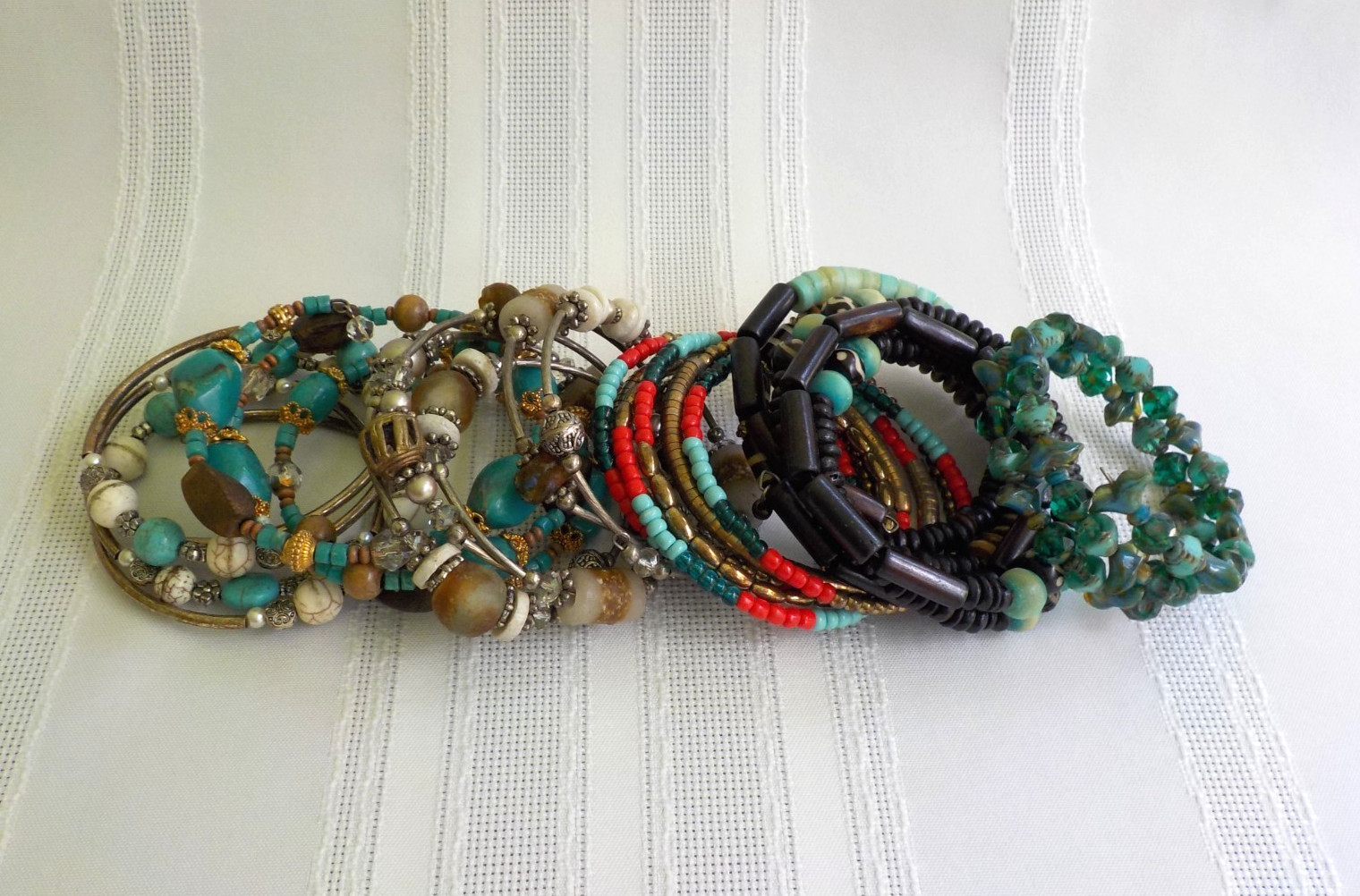 Wire Memory Wrap Bracelet Mix Lot 5 Metal Glass Plastic Wood Bead Faux Stone