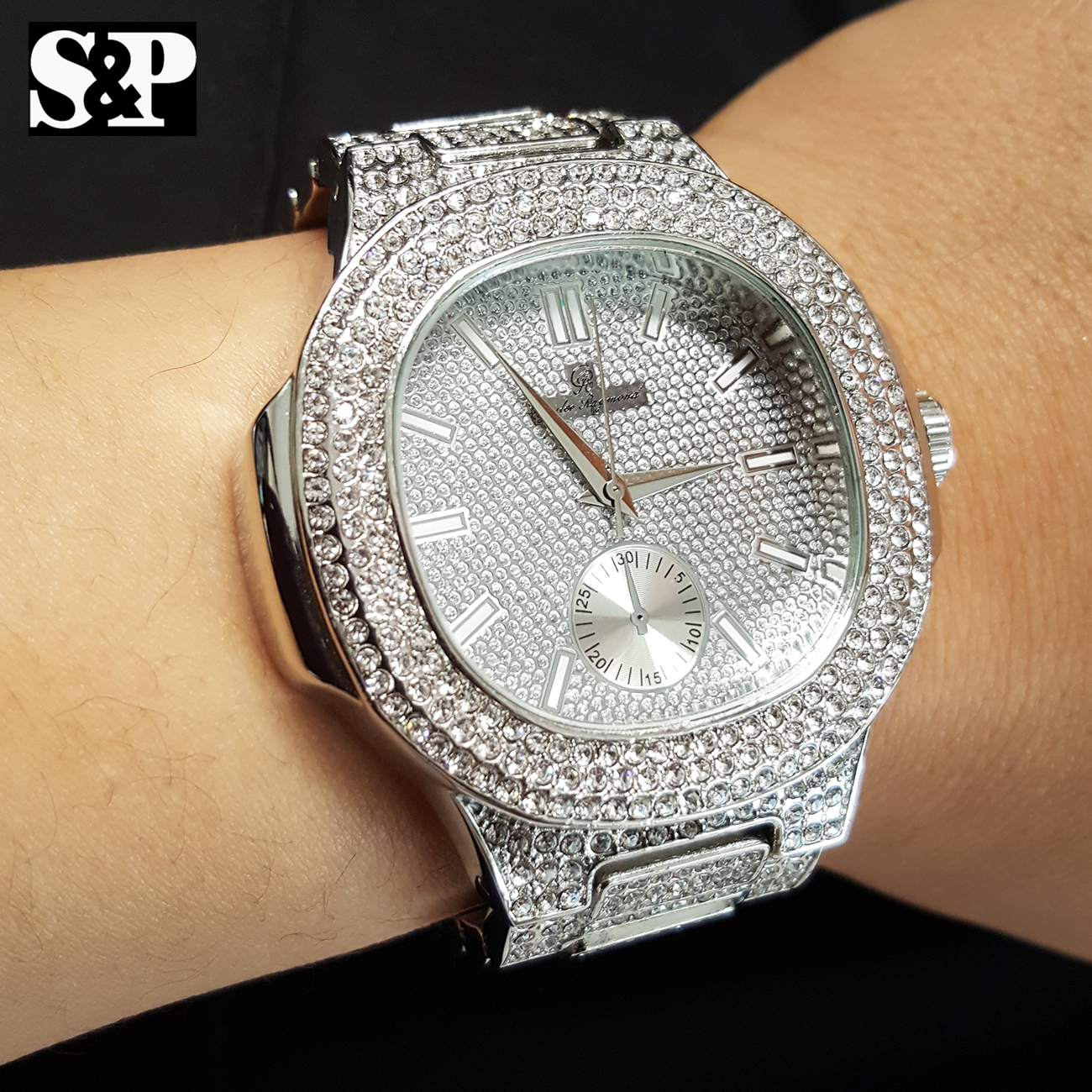 Men’s Luxury Urban Style Bling White Gold PT Simulated Diamond Bracelet Watch