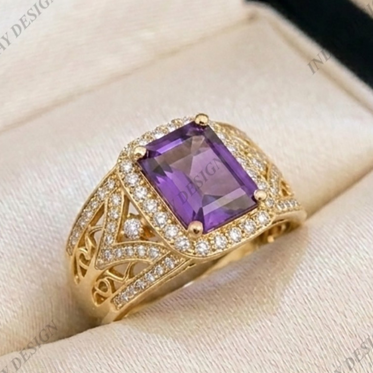 Men’s 925 Silver Signet Ring Purple Natural Amethyst Emerald Cut Shape Gemstone