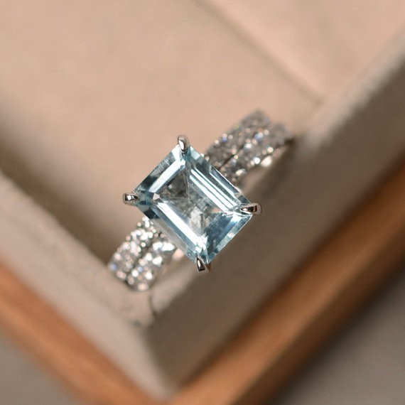 2.90 Ct Emerald Natural Aquamarine & Diamond Wedding Ring 14K White Gold Size 7