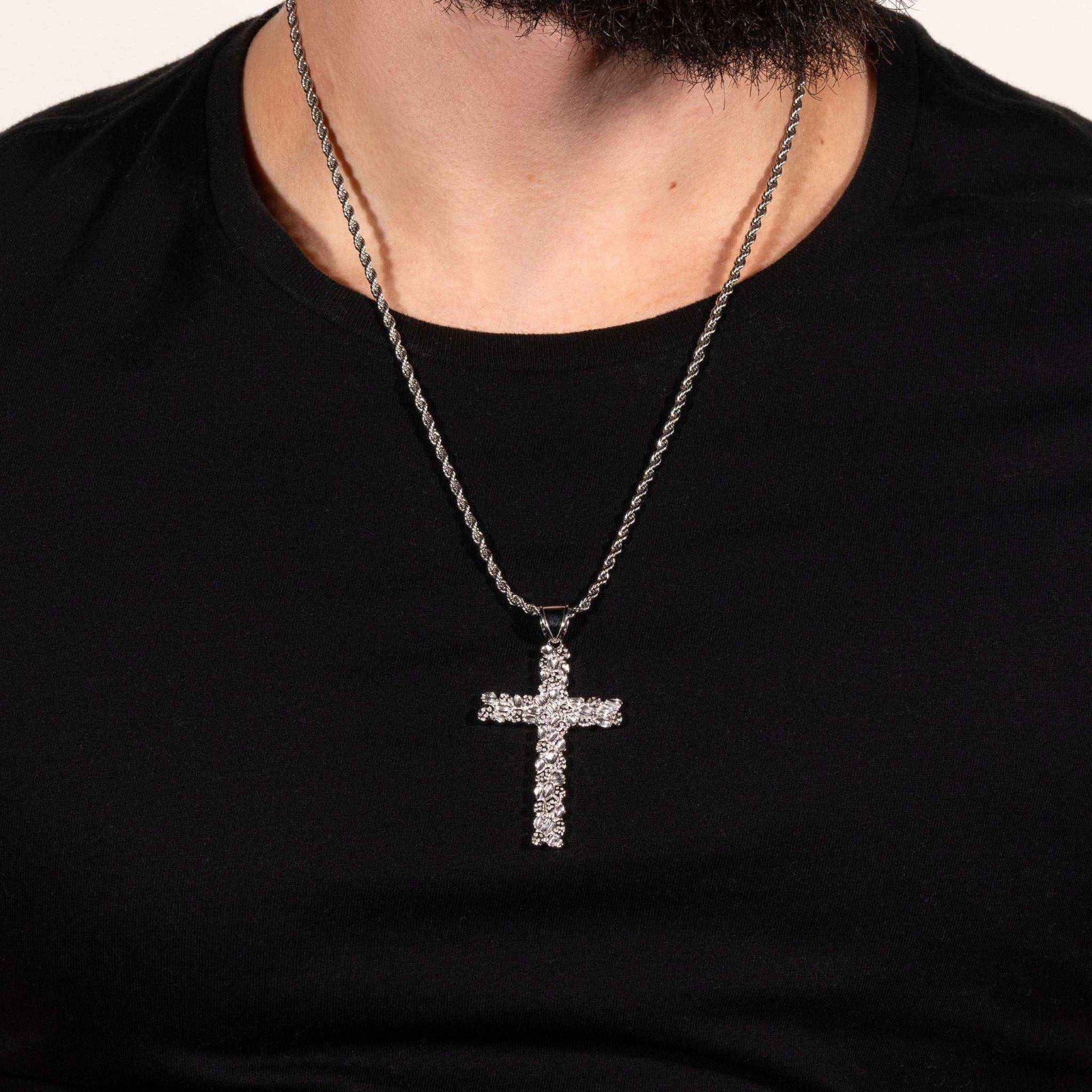 Mens Real Solid 925 Sterling Silver Nugget Cross Pendant Crucifix Necklace