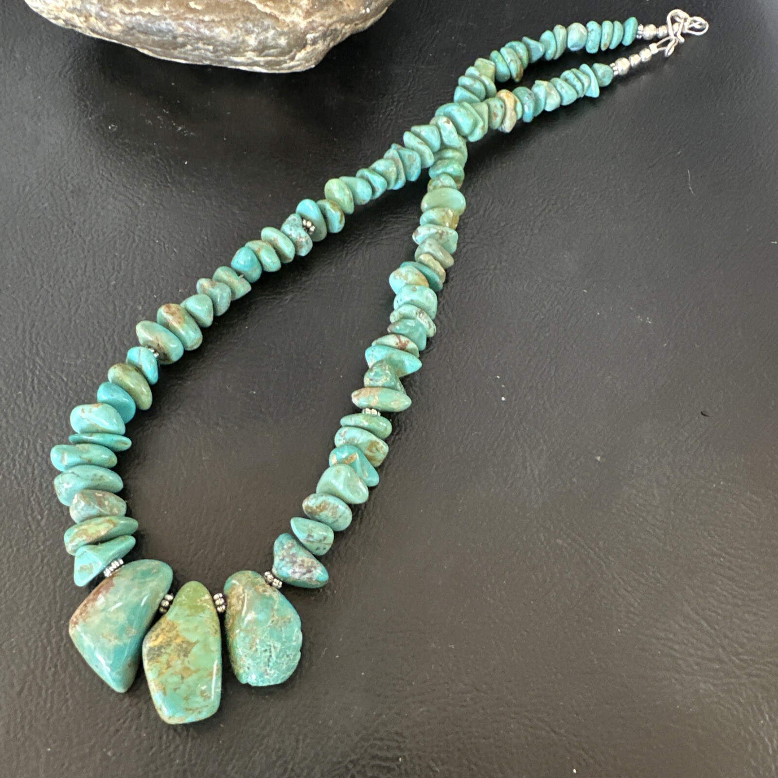 Green Royston Turquoise Bead Navajo Sterling Silver Beads Necklace 16” 15992
