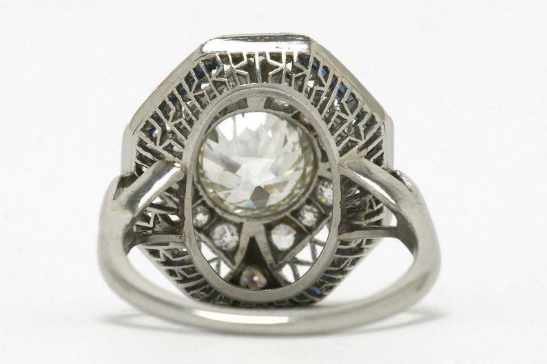 Antique Filigree Shield Design Lab-Created CZ With Blue Sapphire Art Deco Ring