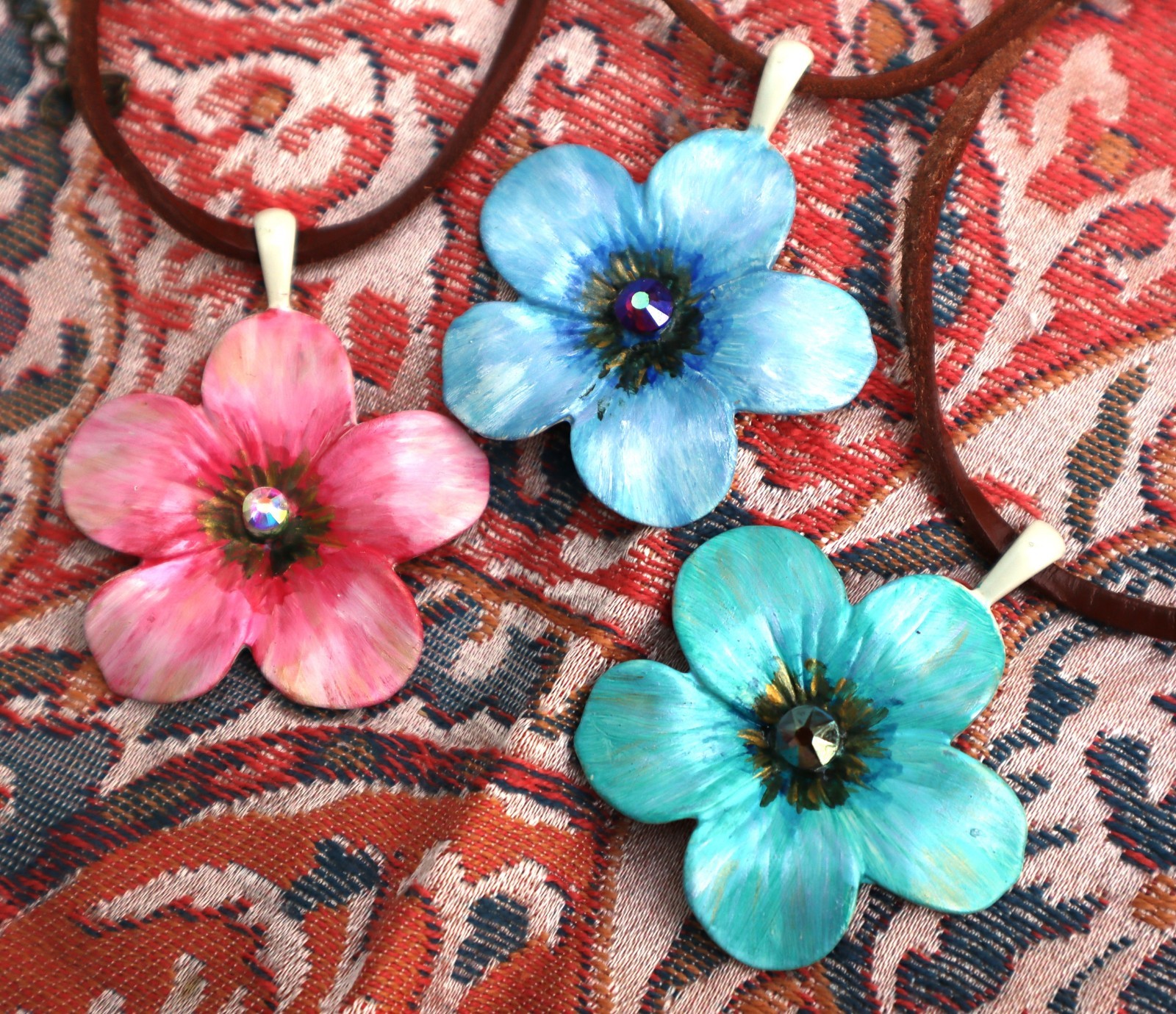 Handmade Large Flower Pendant Leather Necklace Painted Floral Bohemian Jewelry