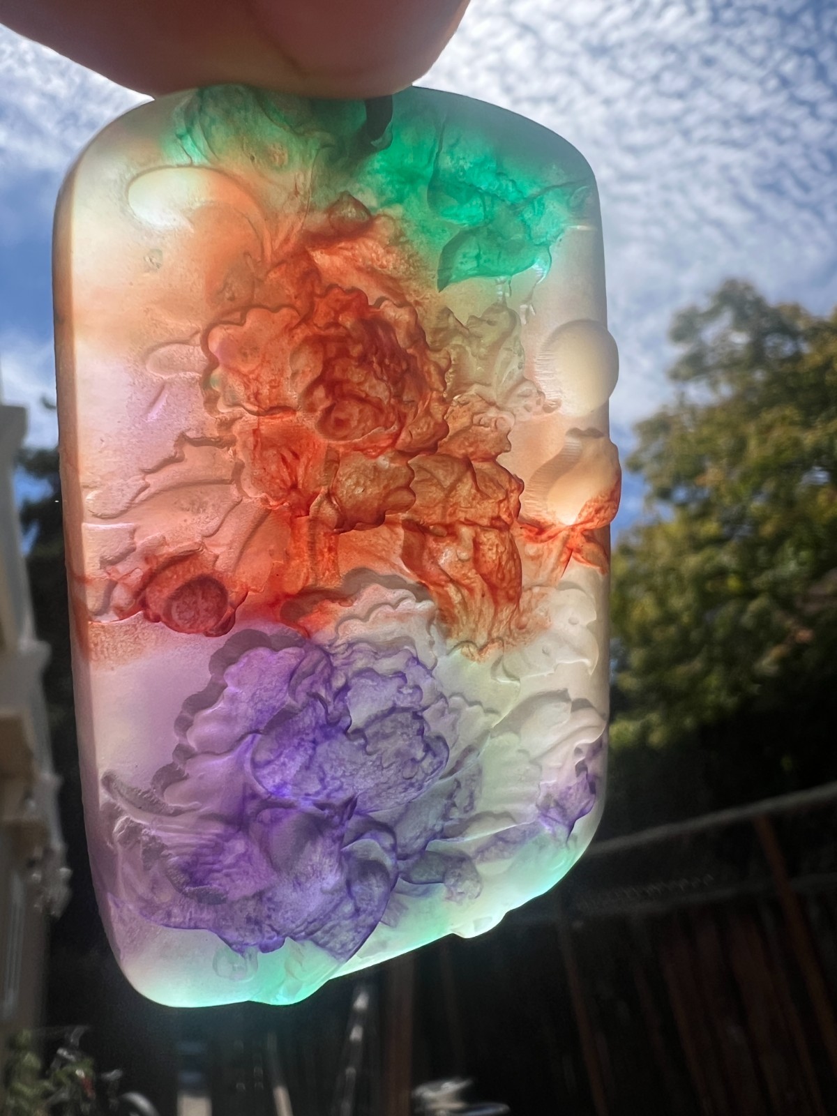 Natural Burmese Rainbow Amber Pendant Peony Carving Luminous Collectible Gift