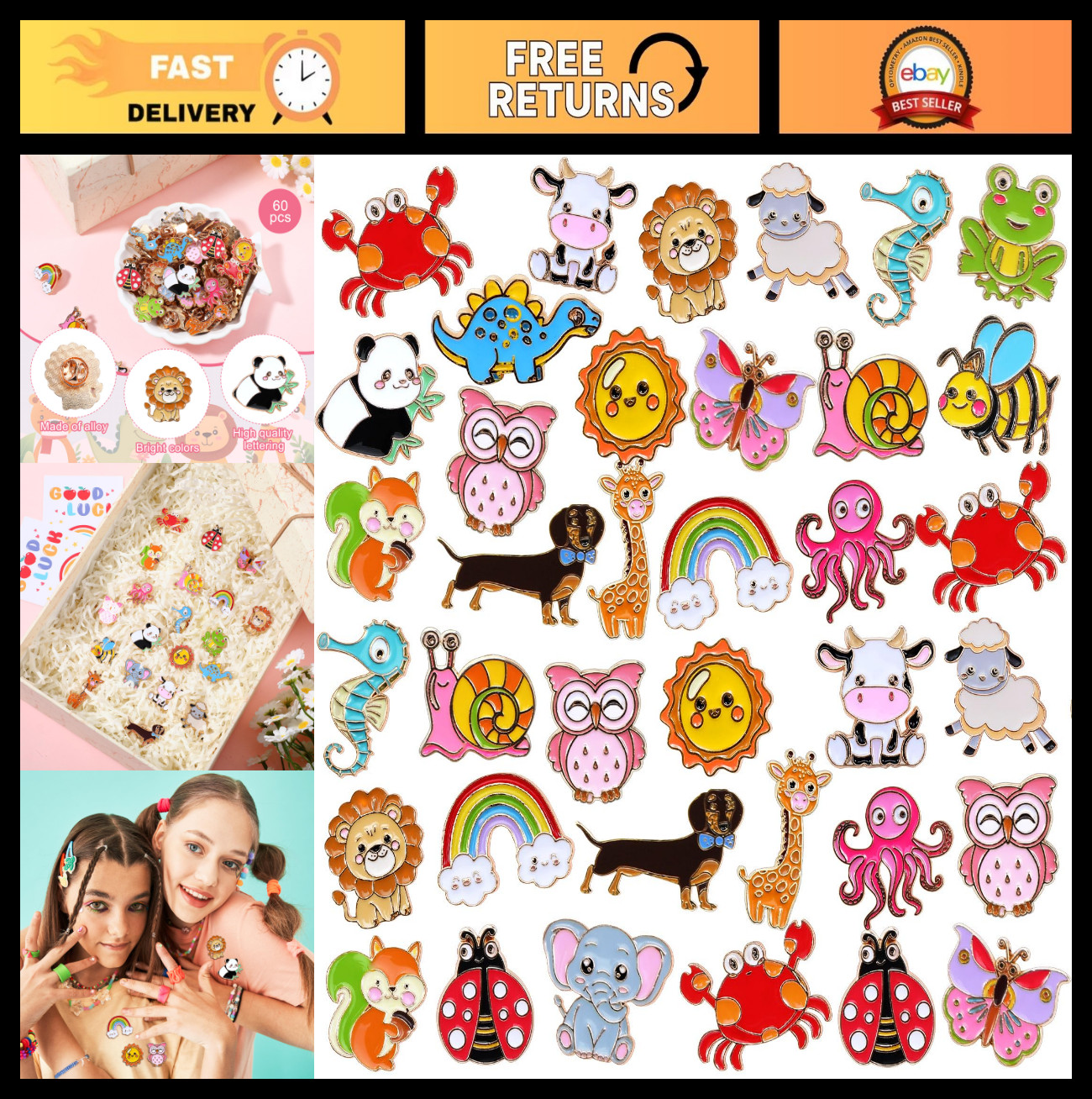 60 Pcs Cute Enamel Pins – Cartoon Animal Lapel Brooches for Hats, Backpacks, Gif
